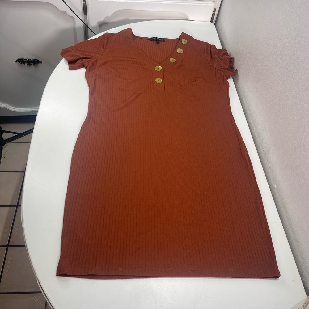 Women Plus Size 2X Orange Casual Midi Knee Length Big Button Dress  Derek Heart